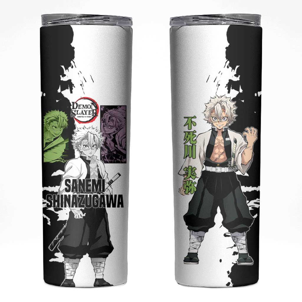 Sanemi Shinazugawa from Demon Slayer Skinny Tumbler with Black and White Split Background and Intense Battle-Ready Manga Style Design - The Mazicc