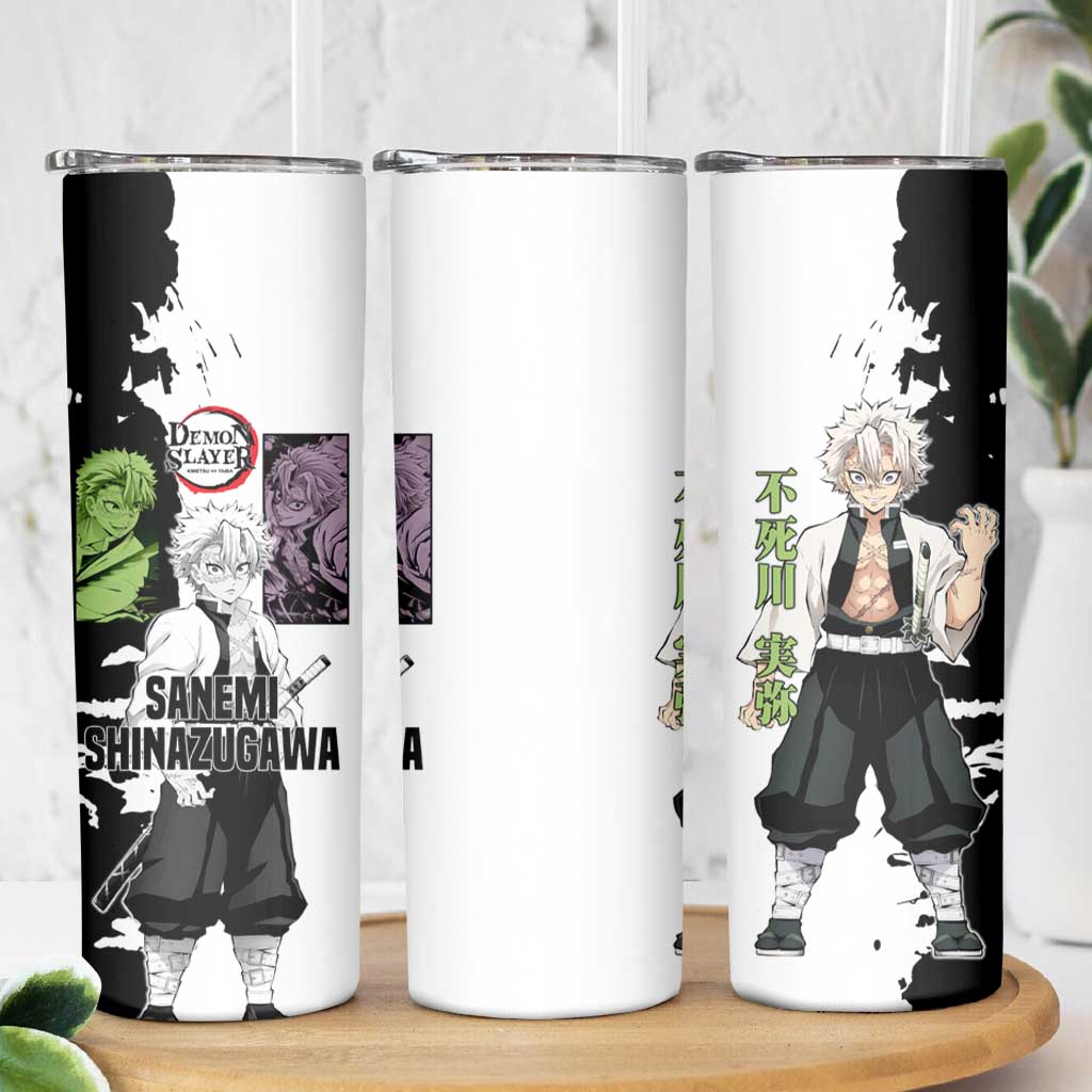 Sanemi Shinazugawa from Demon Slayer Skinny Tumbler with Black and White Split Background and Intense Battle-Ready Manga Style Design - The Mazicc
