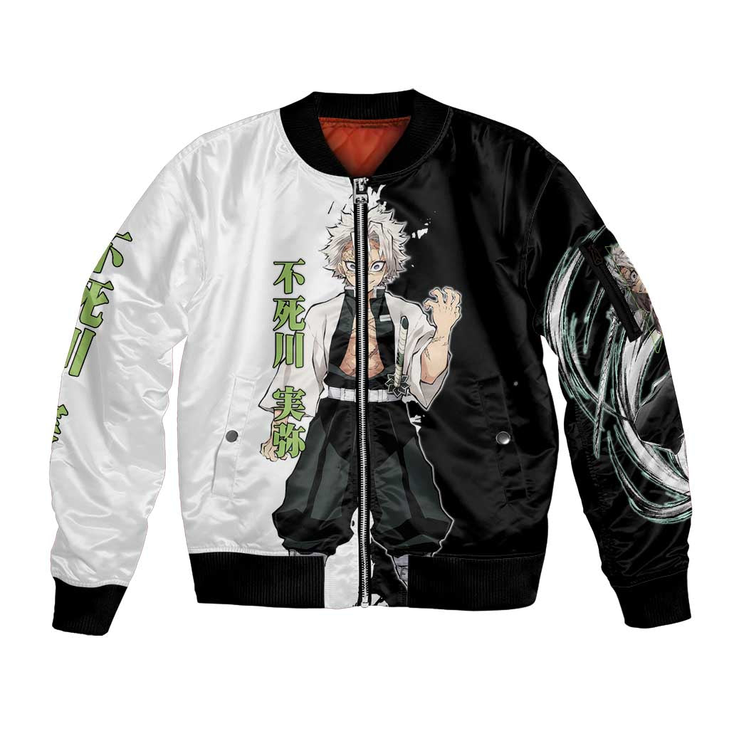 Sanemi Shinazugawa from Demon Slayer Sleeve Zip Bomber Jacket with Black and White Split Background and Intense Battle-Ready Manga Style Design - The Mazicc