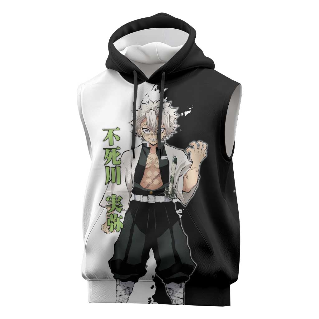 Sanemi Shinazugawa from Demon Slayer Sleeveless Hoodie with Black and White Split Background and Intense Battle-Ready Manga Style Design - The Mazicc