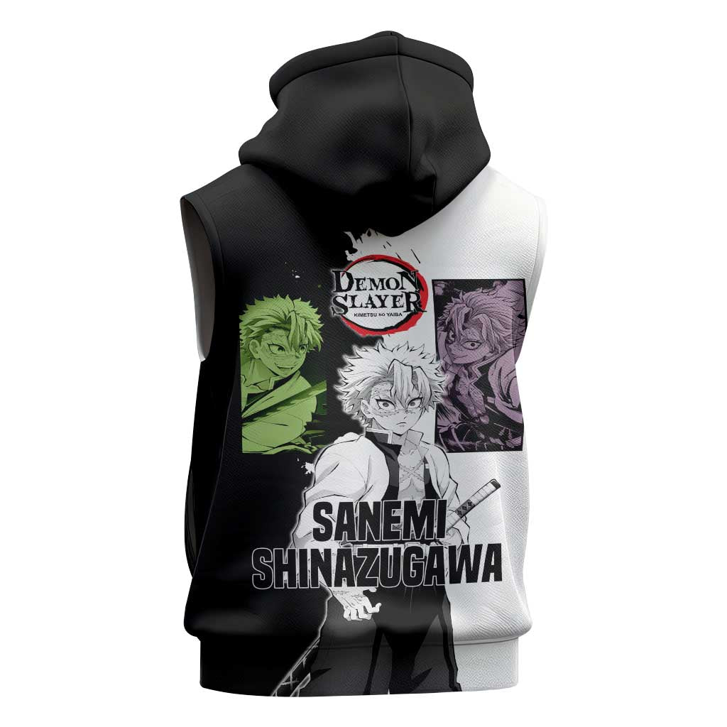 Sanemi Shinazugawa from Demon Slayer Sleeveless Hoodie with Black and White Split Background and Intense Battle-Ready Manga Style Design - The Mazicc