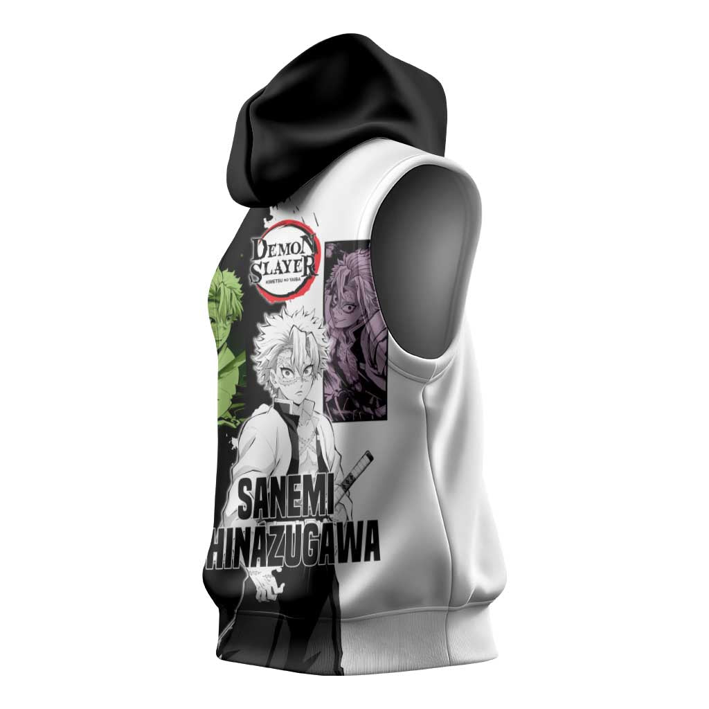 Sanemi Shinazugawa from Demon Slayer Sleeveless Hoodie with Black and White Split Background and Intense Battle-Ready Manga Style Design - The Mazicc