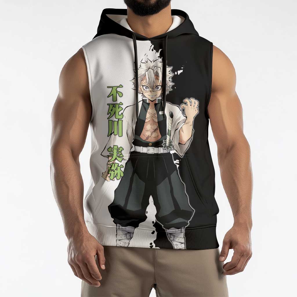 Sanemi Shinazugawa from Demon Slayer Sleeveless Hoodie with Black and White Split Background and Intense Battle-Ready Manga Style Design - The Mazicc