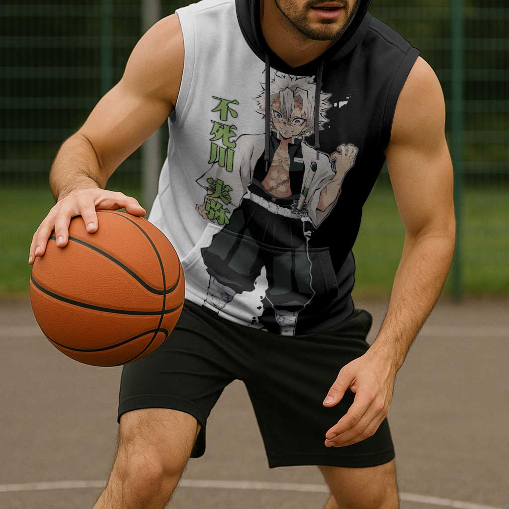 Sanemi Shinazugawa from Demon Slayer Sleeveless Hoodie with Black and White Split Background and Intense Battle-Ready Manga Style Design - The Mazicc