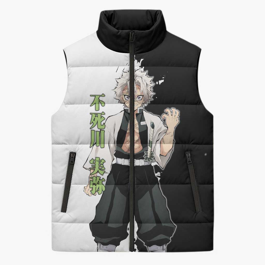 Sanemi Shinazugawa from Demon Slayer Sleeveless Puffer Jacket with Black and White Split Background and Intense Battle-Ready Manga Style Design - The Mazicc