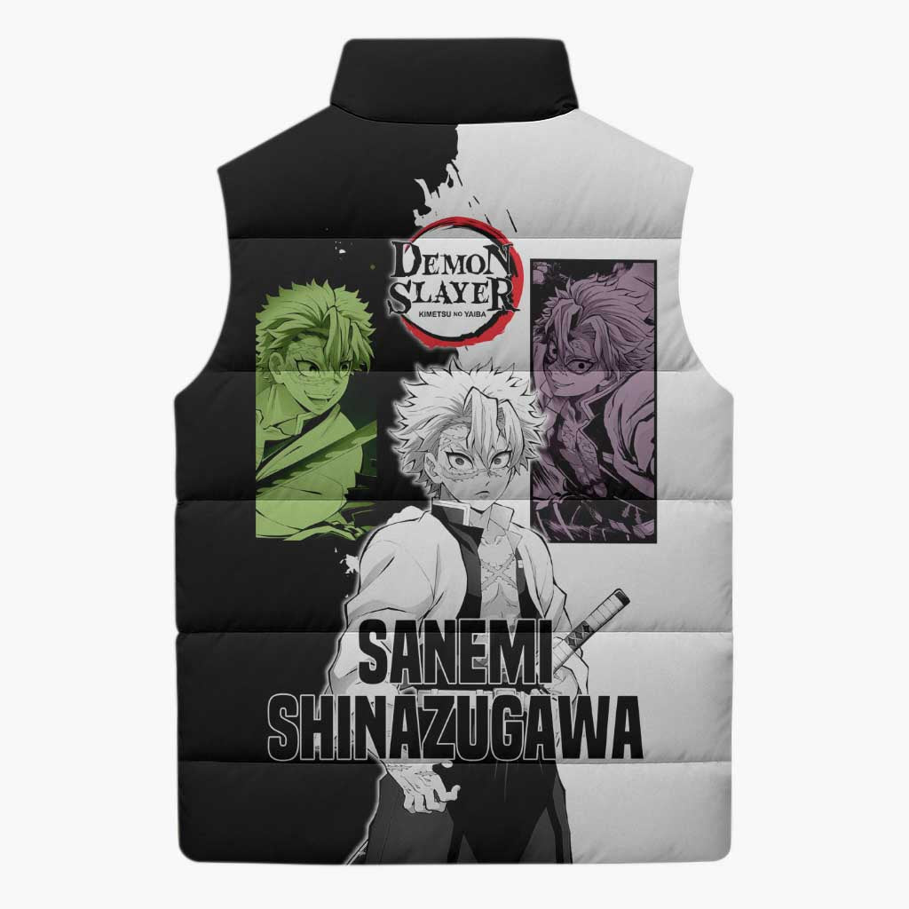 Sanemi Shinazugawa from Demon Slayer Sleeveless Puffer Jacket with Black and White Split Background and Intense Battle-Ready Manga Style Design - The Mazicc