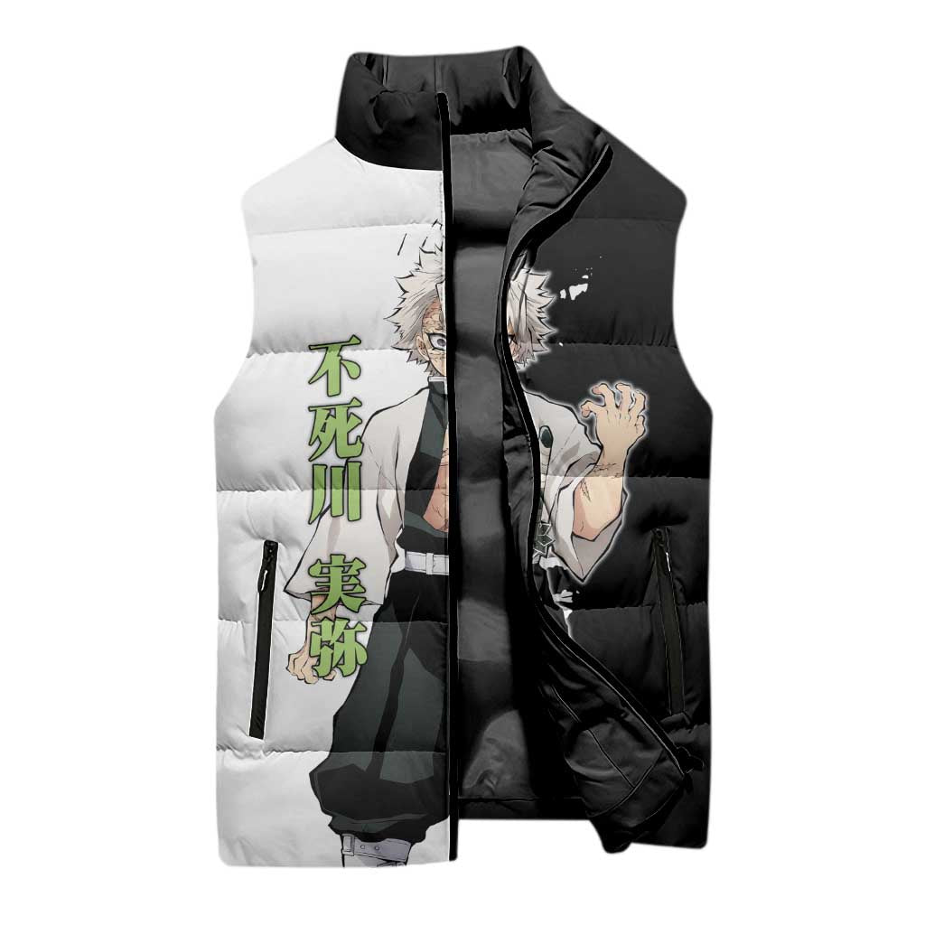 Sanemi Shinazugawa from Demon Slayer Sleeveless Puffer Jacket with Black and White Split Background and Intense Battle-Ready Manga Style Design - The Mazicc