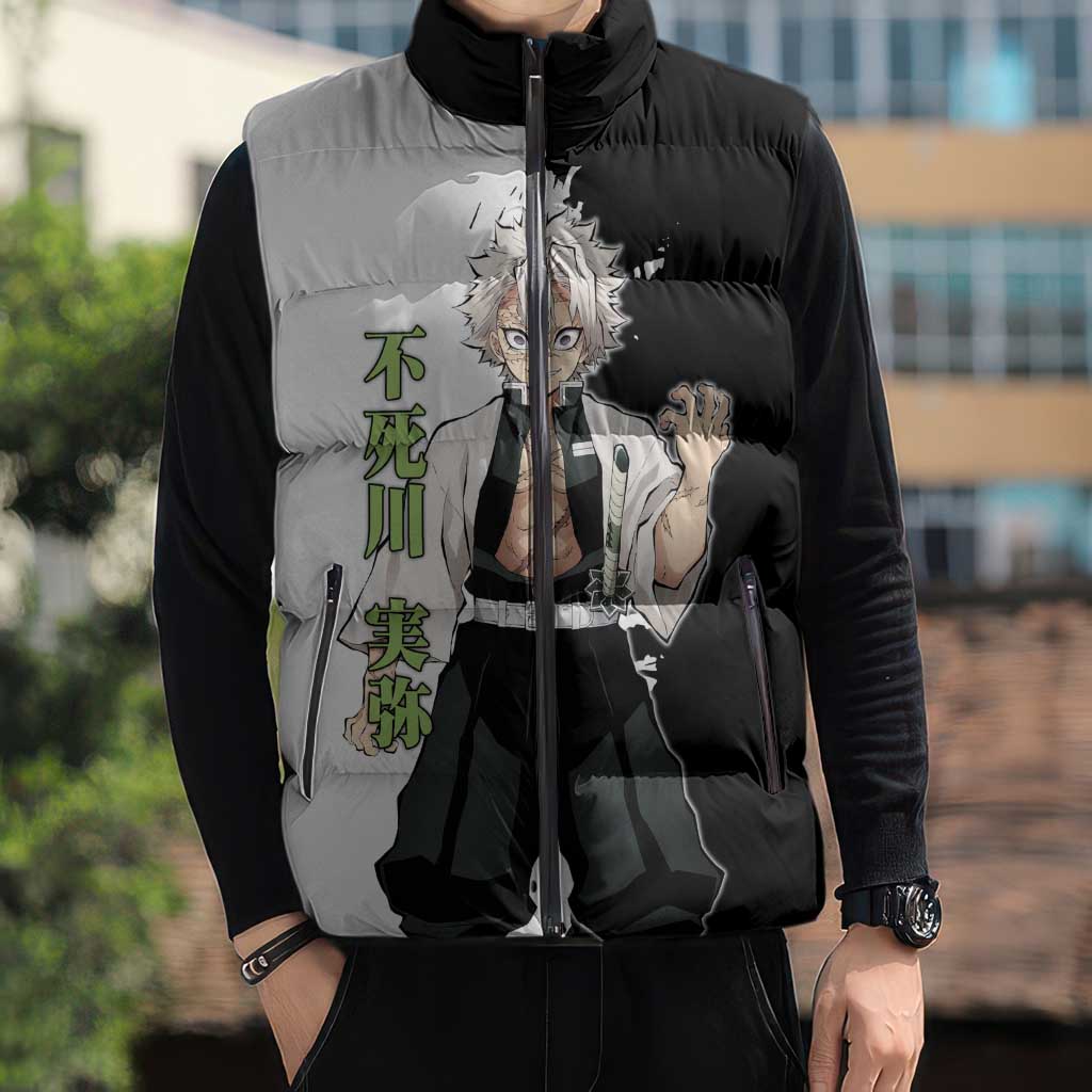Sanemi Shinazugawa from Demon Slayer Sleeveless Puffer Jacket with Black and White Split Background and Intense Battle-Ready Manga Style Design - The Mazicc