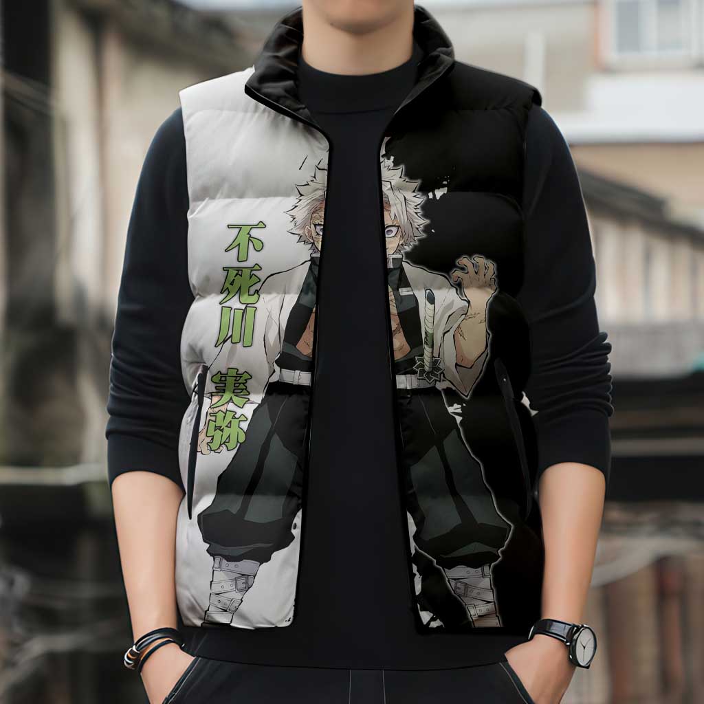 Sanemi Shinazugawa from Demon Slayer Sleeveless Puffer Jacket with Black and White Split Background and Intense Battle-Ready Manga Style Design - The Mazicc