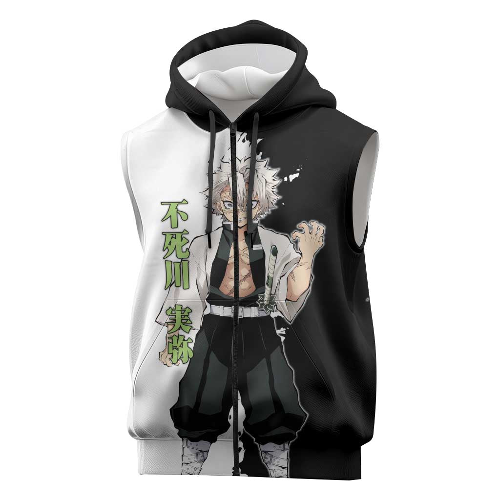 Sanemi Shinazugawa from Demon Slayer Sleeveless Zip Hoodie with Black and White Split Background and Intense Battle-Ready Manga Style Design - The Mazicc