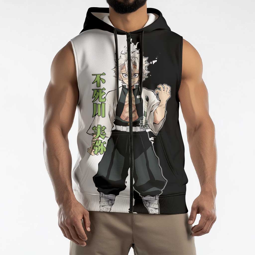 Sanemi Shinazugawa from Demon Slayer Sleeveless Zip Hoodie with Black and White Split Background and Intense Battle-Ready Manga Style Design - The Mazicc
