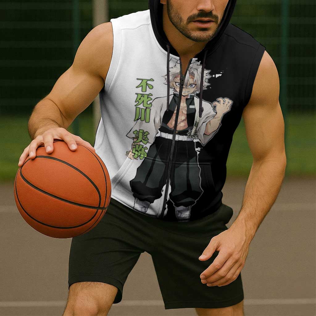 Sanemi Shinazugawa from Demon Slayer Sleeveless Zip Hoodie with Black and White Split Background and Intense Battle-Ready Manga Style Design - The Mazicc