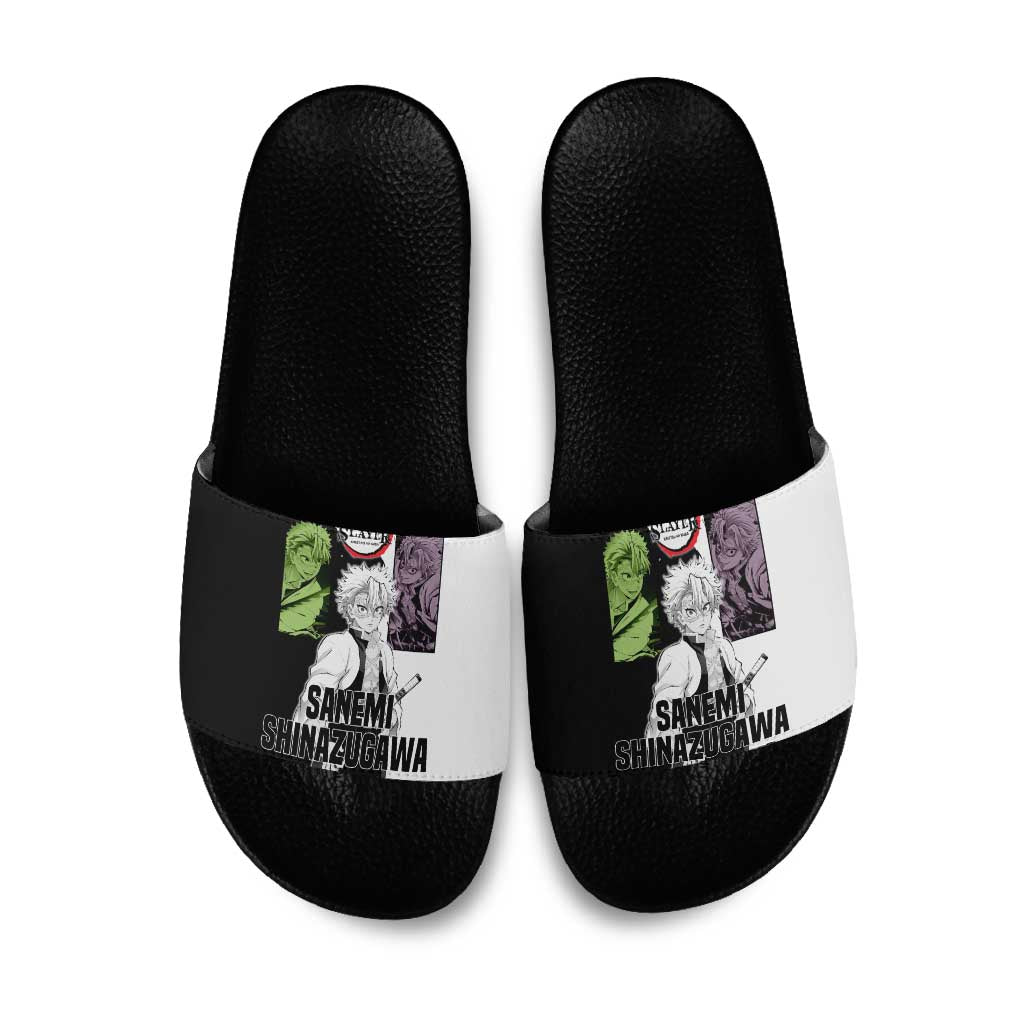Sanemi Shinazugawa from Demon Slayer Slide Sandals with Black and White Split Background and Intense Battle-Ready Manga Style Design - The Mazicc