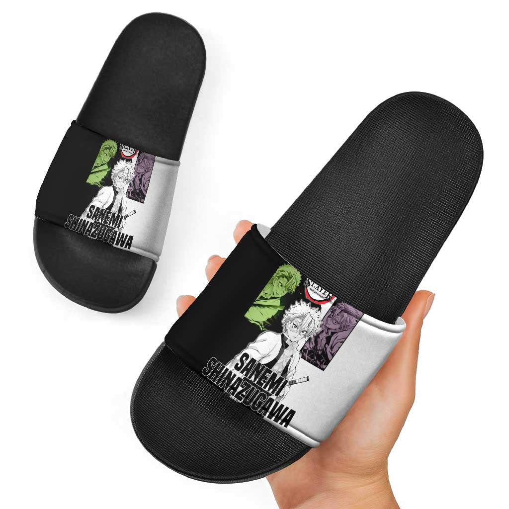 Sanemi Shinazugawa from Demon Slayer Slide Sandals with Black and White Split Background and Intense Battle-Ready Manga Style Design - The Mazicc
