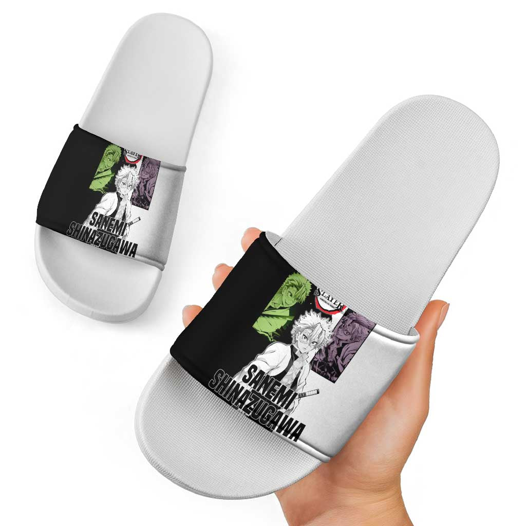 Sanemi Shinazugawa from Demon Slayer Slide Sandals with Black and White Split Background and Intense Battle-Ready Manga Style Design - The Mazicc