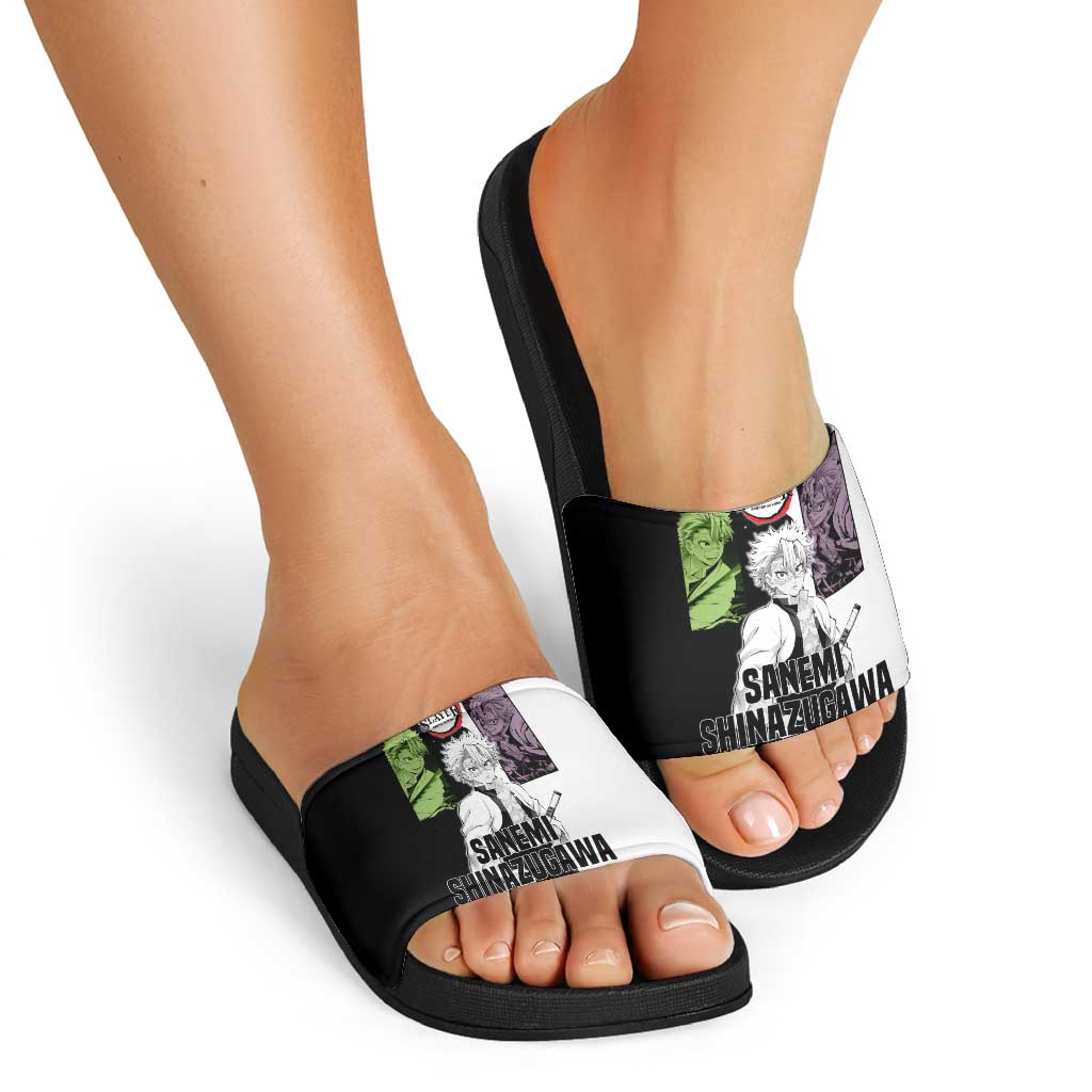 Sanemi Shinazugawa from Demon Slayer Slide Sandals with Black and White Split Background and Intense Battle-Ready Manga Style Design - The Mazicc