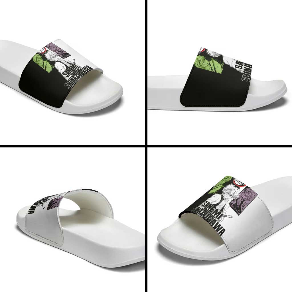 Sanemi Shinazugawa from Demon Slayer Slide Sandals with Black and White Split Background and Intense Battle-Ready Manga Style Design - The Mazicc