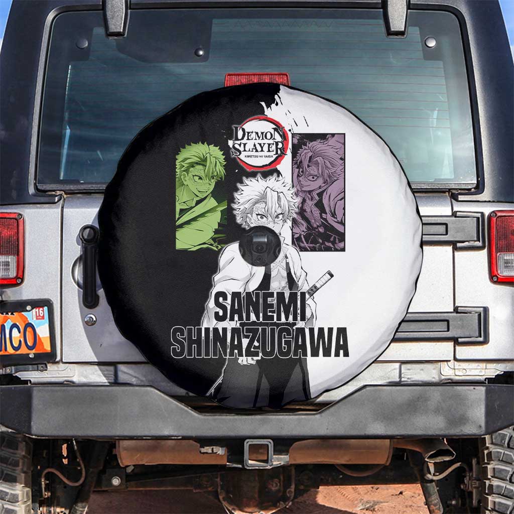 Sanemi Shinazugawa from Demon Slayer Spare Tire Cover with Black and White Split Background and Intense Battle-Ready Manga Style Design - The Mazicc