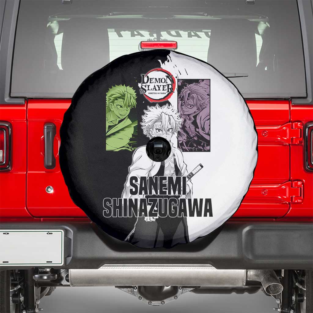 Sanemi Shinazugawa from Demon Slayer Spare Tire Cover with Black and White Split Background and Intense Battle-Ready Manga Style Design - The Mazicc