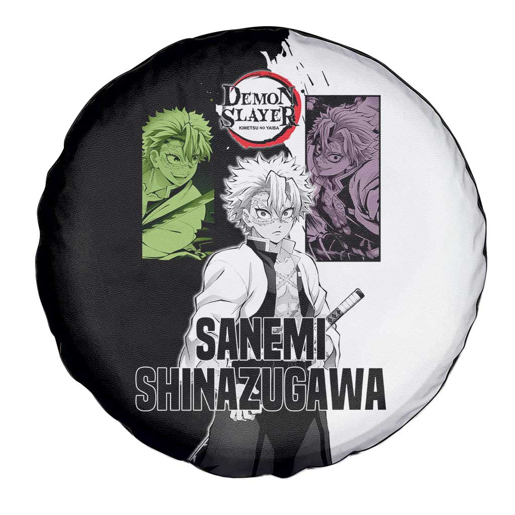 Sanemi Shinazugawa from Demon Slayer Spare Tire Cover with Black and White Split Background and Intense Battle-Ready Manga Style Design - The Mazicc