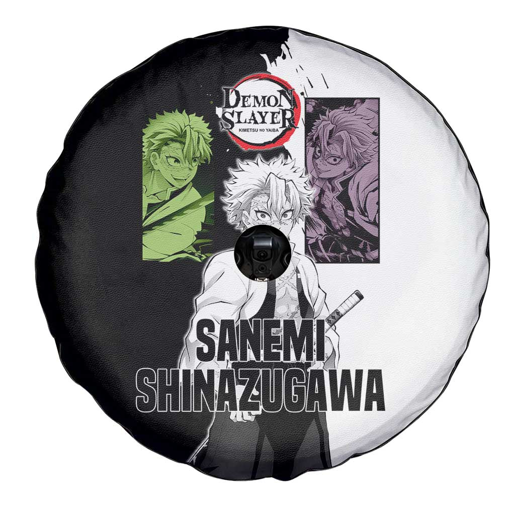 Sanemi Shinazugawa from Demon Slayer Spare Tire Cover with Black and White Split Background and Intense Battle-Ready Manga Style Design - The Mazicc