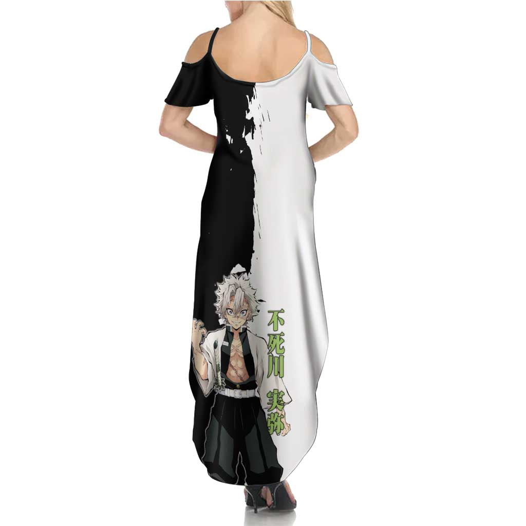 Sanemi Shinazugawa from Demon Slayer Summer Maxi Dress with Black and White Split Background and Intense Battle-Ready Manga Style Design - The Mazicc