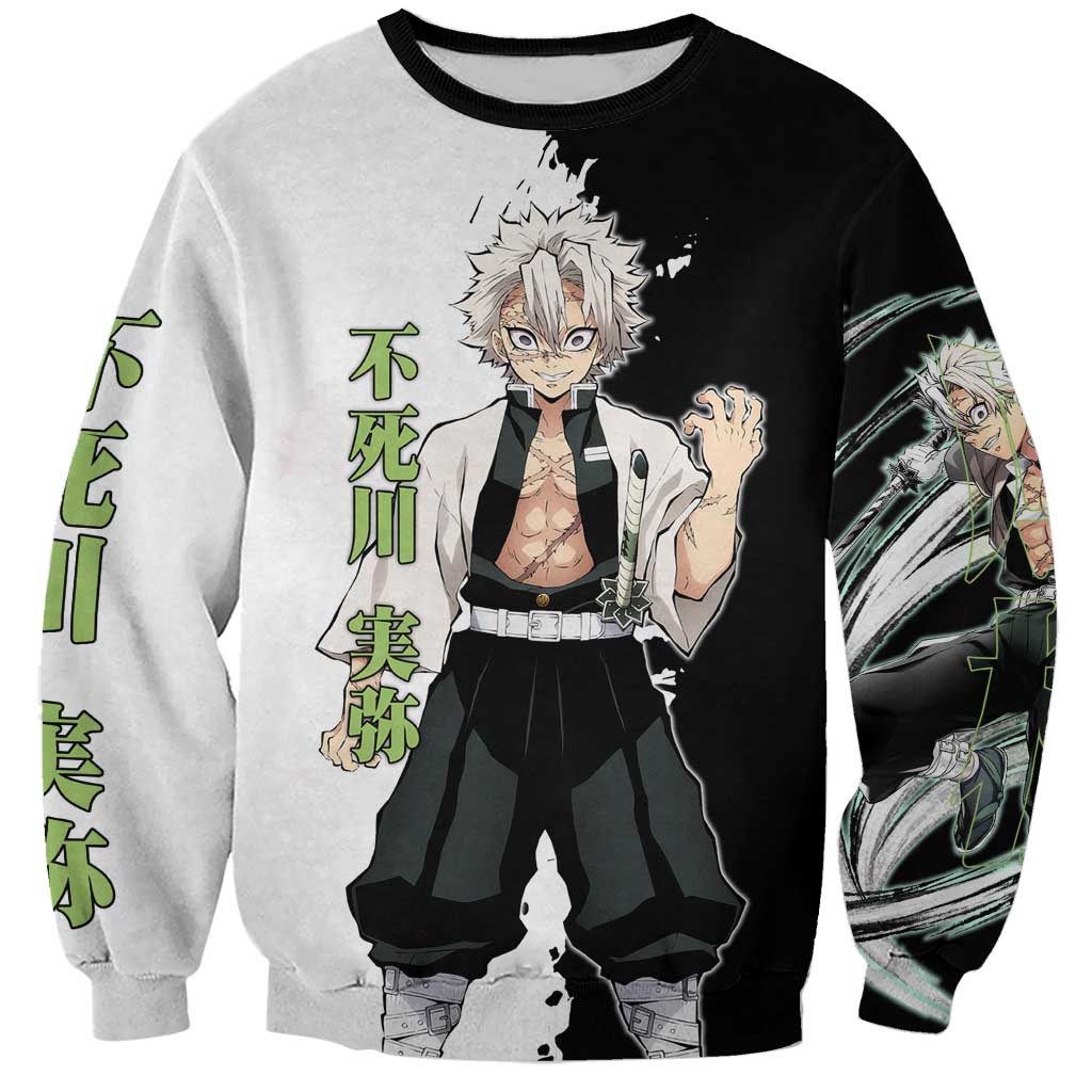 Sanemi Shinazugawa from Demon Slayer Sweatshirt with Black and White Split Background and Intense Battle-Ready Manga Style Design - The Mazicc
