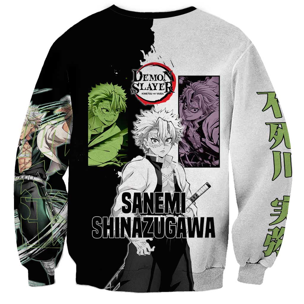 Sanemi Shinazugawa from Demon Slayer Sweatshirt with Black and White Split Background and Intense Battle-Ready Manga Style Design - The Mazicc