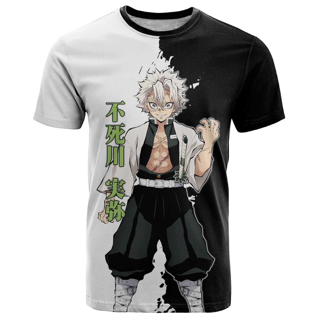 Sanemi Shinazugawa from Demon Slayer T Shirt with Black and White Split Background and Intense Battle-Ready Manga Style Design - The Mazicc