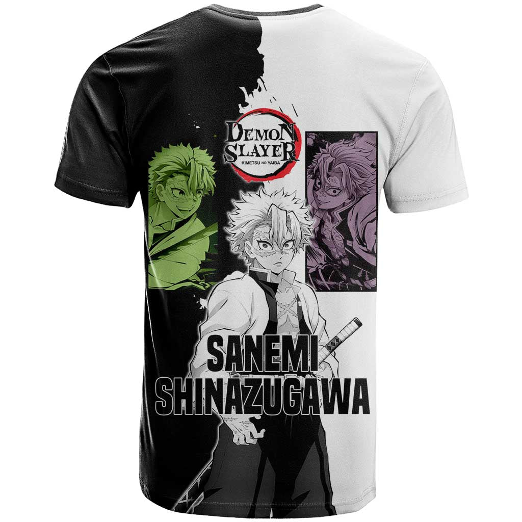 Sanemi Shinazugawa from Demon Slayer T Shirt with Black and White Split Background and Intense Battle-Ready Manga Style Design - The Mazicc