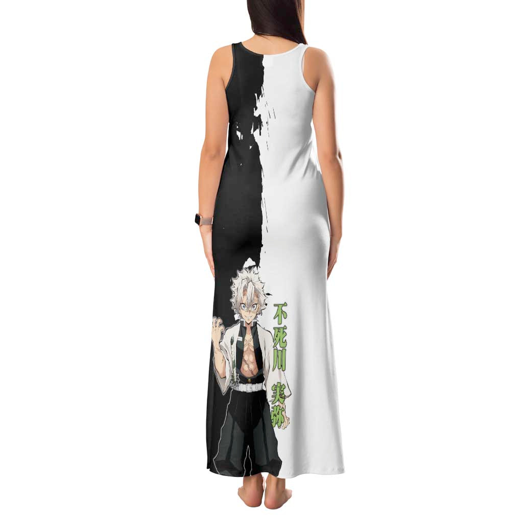Sanemi Shinazugawa from Demon Slayer Tank Maxi Dress with Black and White Split Background and Intense Battle-Ready Manga Style Design - The Mazicc