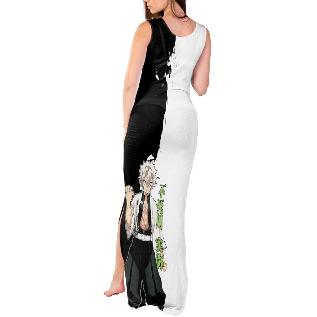 Sanemi Shinazugawa from Demon Slayer Tank Maxi Dress with Black and White Split Background and Intense Battle-Ready Manga Style Design - The Mazicc