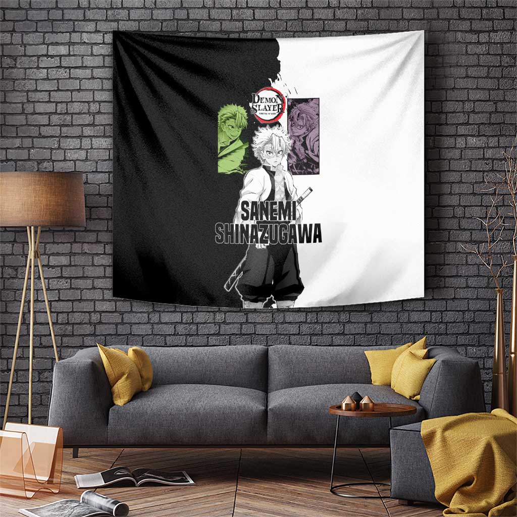 Sanemi Shinazugawa from Demon Slayer Tapestry with Black and White Split Background and Intense Battle-Ready Manga Style Design - The Mazicc