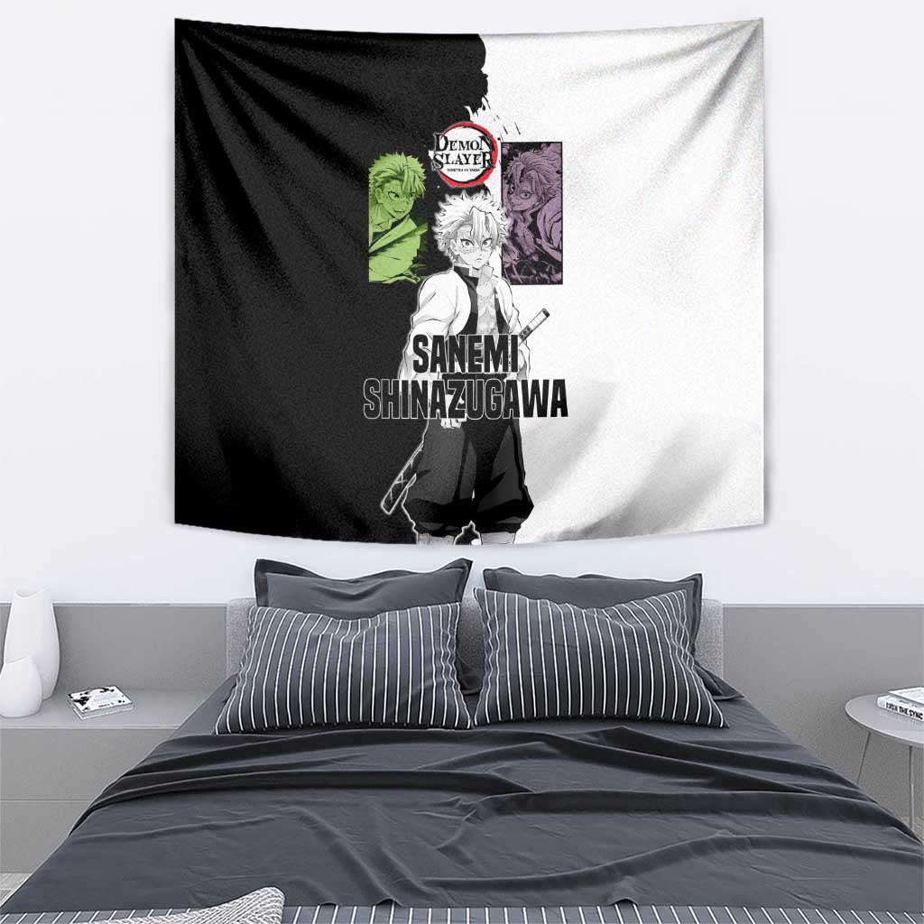 Sanemi Shinazugawa from Demon Slayer Tapestry with Black and White Split Background and Intense Battle-Ready Manga Style Design - The Mazicc