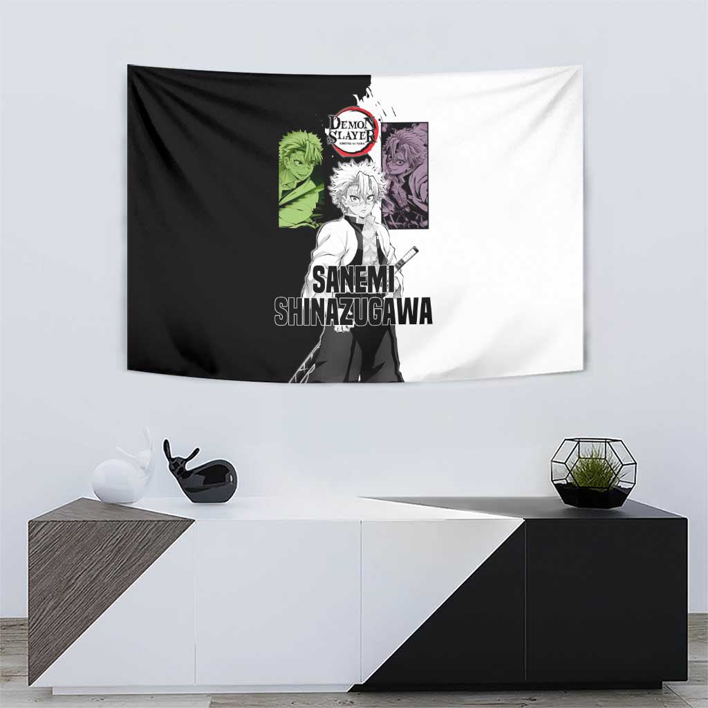 Sanemi Shinazugawa from Demon Slayer Tapestry with Black and White Split Background and Intense Battle-Ready Manga Style Design - The Mazicc