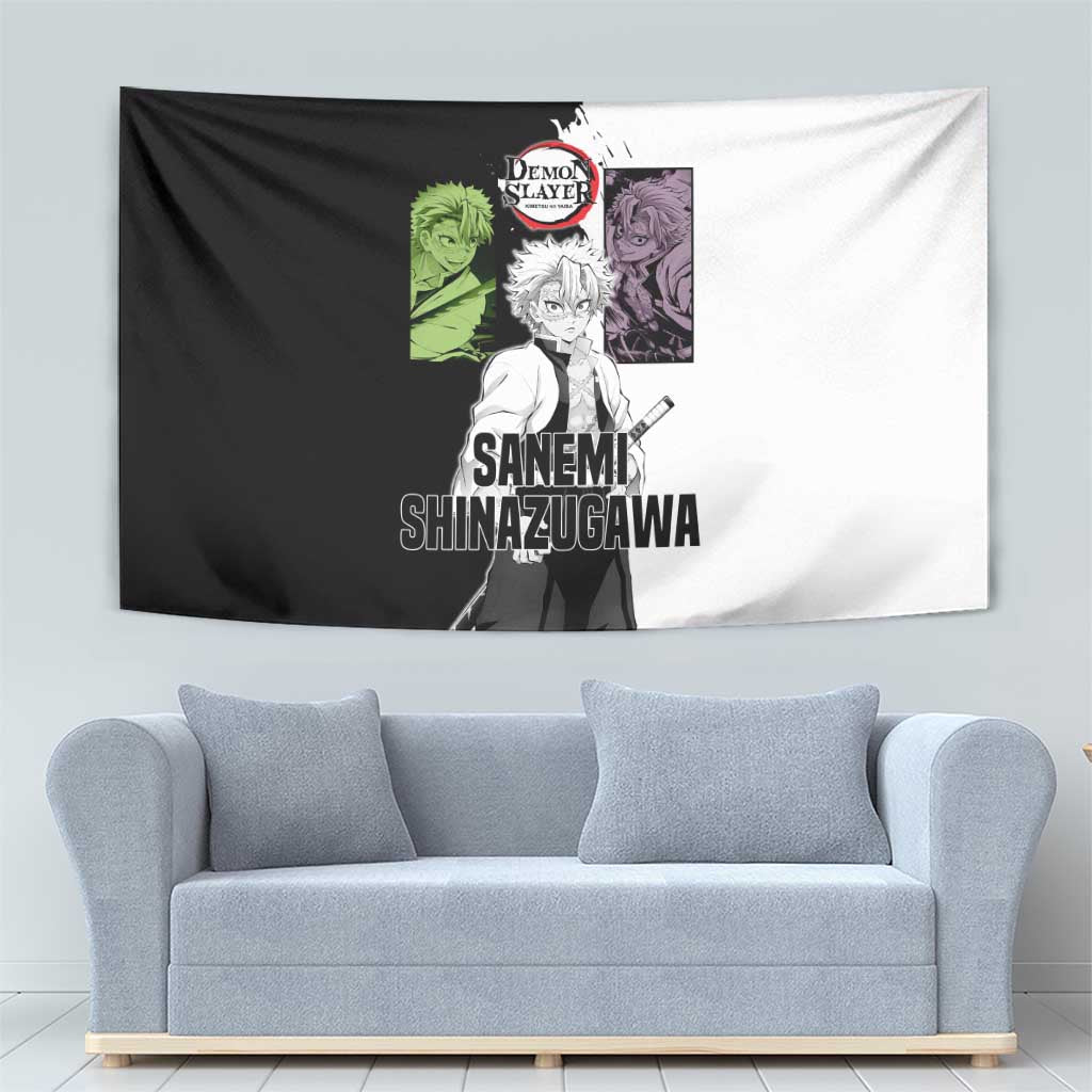 Sanemi Shinazugawa from Demon Slayer Tapestry with Black and White Split Background and Intense Battle-Ready Manga Style Design - The Mazicc
