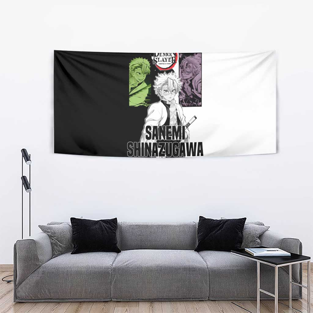 Sanemi Shinazugawa from Demon Slayer Tapestry with Black and White Split Background and Intense Battle-Ready Manga Style Design - The Mazicc