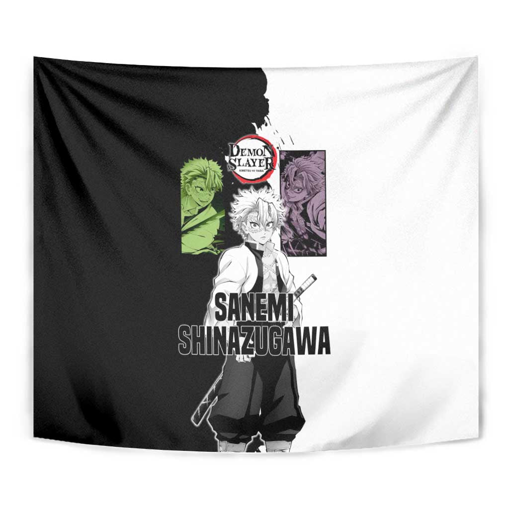 Sanemi Shinazugawa from Demon Slayer Tapestry with Black and White Split Background and Intense Battle-Ready Manga Style Design - The Mazicc