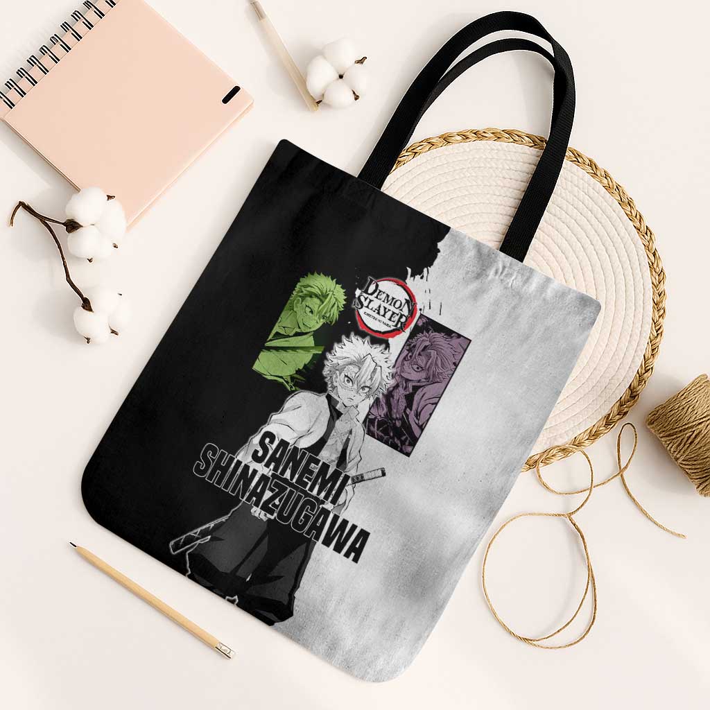 Sanemi Shinazugawa from Demon Slayer Tote Bag with Black and White Split Background and Intense Battle-Ready Manga Style Design - The Mazicc