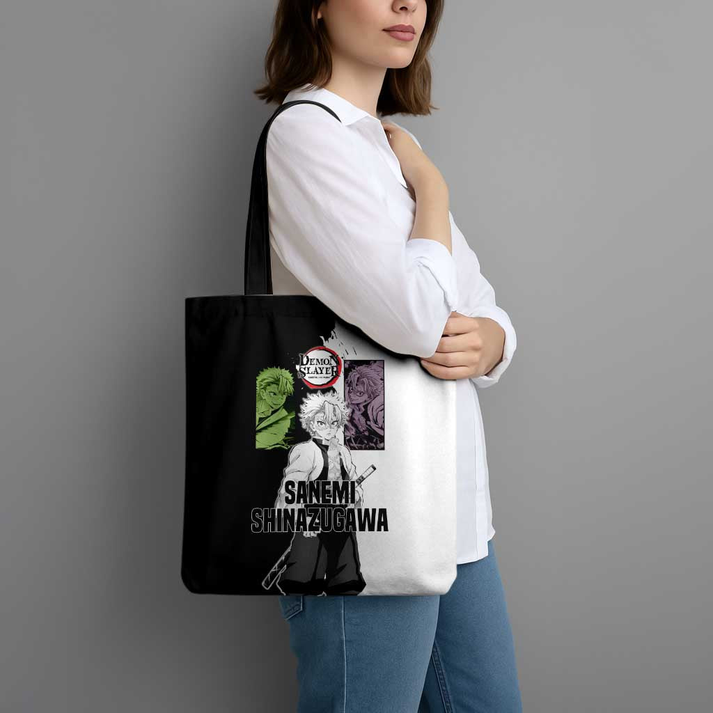 Sanemi Shinazugawa from Demon Slayer Tote Bag with Black and White Split Background and Intense Battle-Ready Manga Style Design - The Mazicc