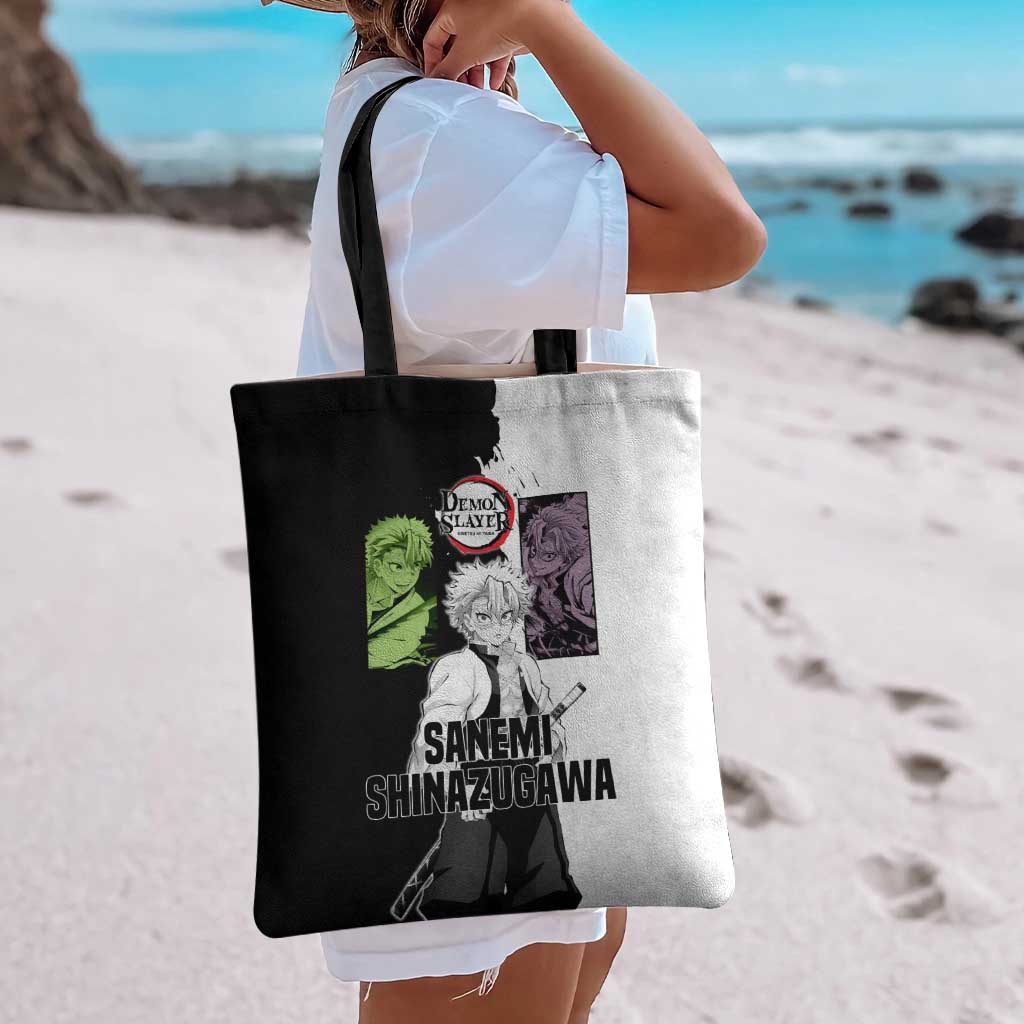 Sanemi Shinazugawa from Demon Slayer Tote Bag with Black and White Split Background and Intense Battle-Ready Manga Style Design - The Mazicc