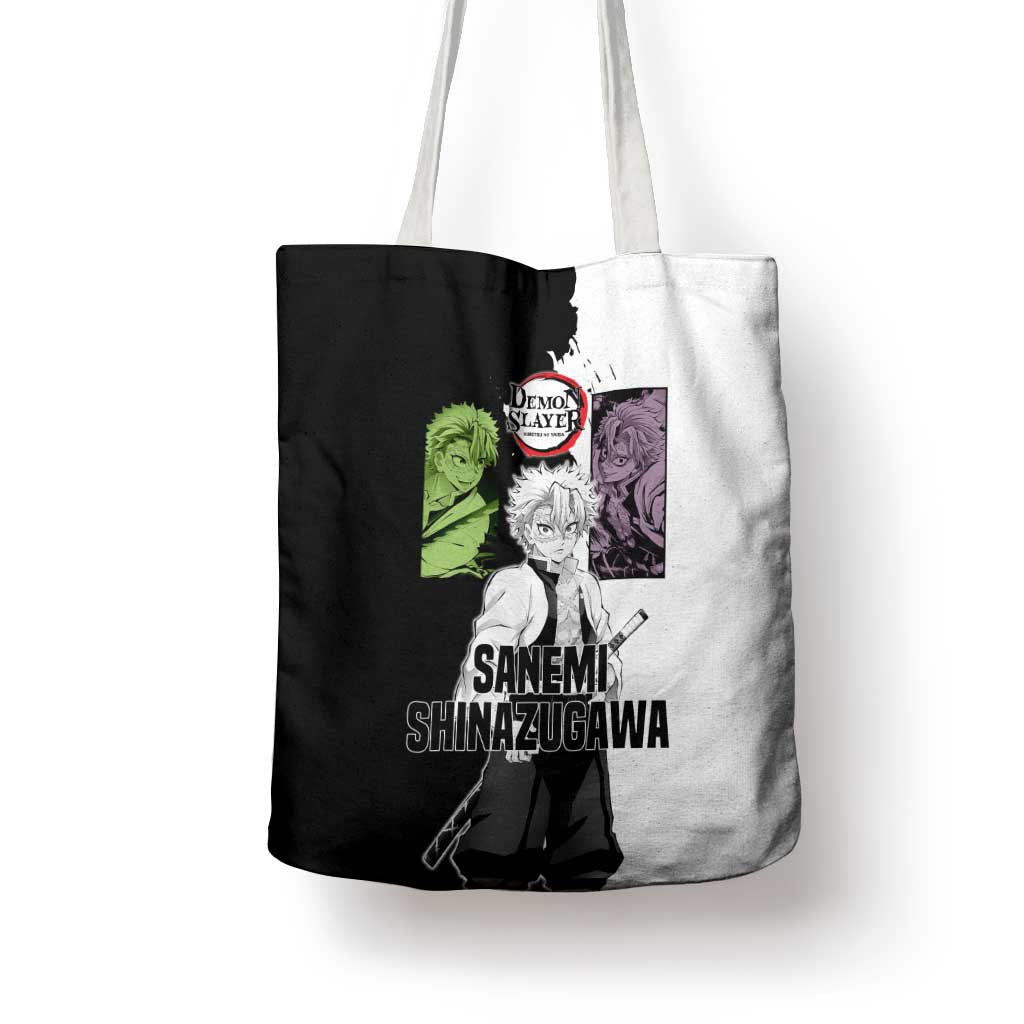 Sanemi Shinazugawa from Demon Slayer Tote Bag with Black and White Split Background and Intense Battle-Ready Manga Style Design - The Mazicc