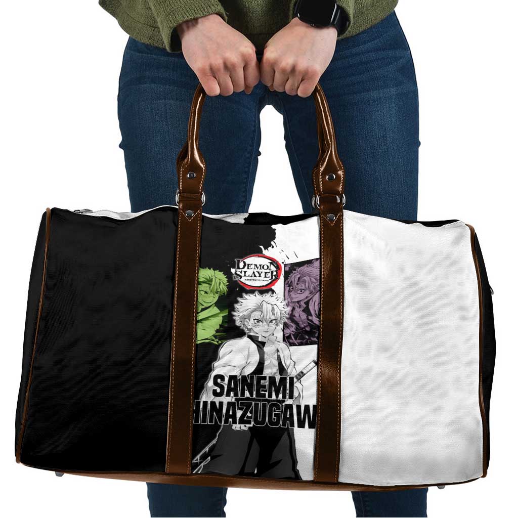 Sanemi Shinazugawa from Demon Slayer Travel Bag with Black and White Split Background and Intense Battle-Ready Manga Style Design - The Mazicc