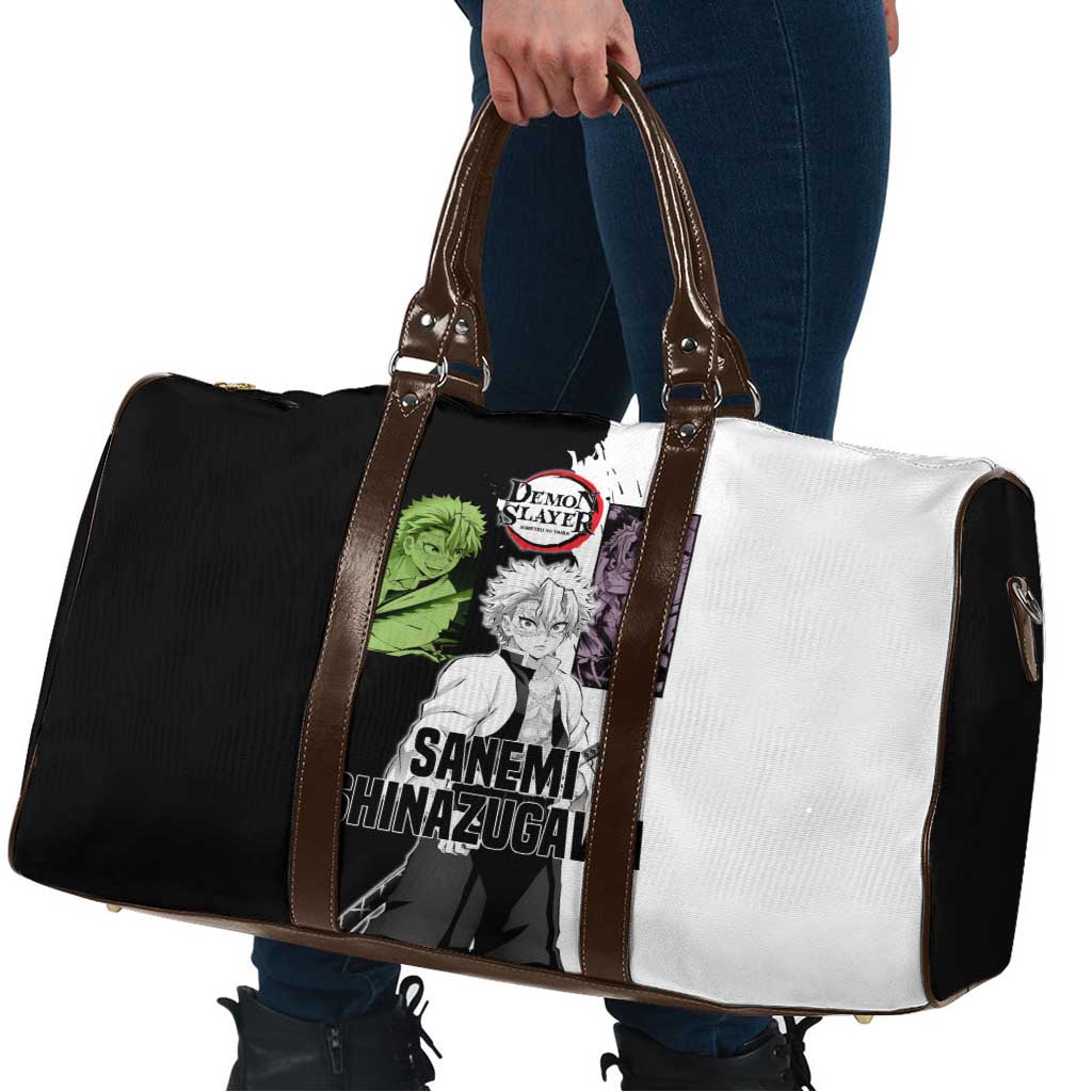 Sanemi Shinazugawa from Demon Slayer Travel Bag with Black and White Split Background and Intense Battle-Ready Manga Style Design - The Mazicc