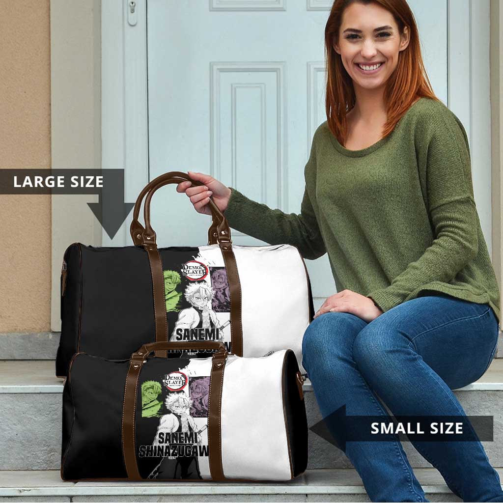 Sanemi Shinazugawa from Demon Slayer Travel Bag with Black and White Split Background and Intense Battle-Ready Manga Style Design - The Mazicc