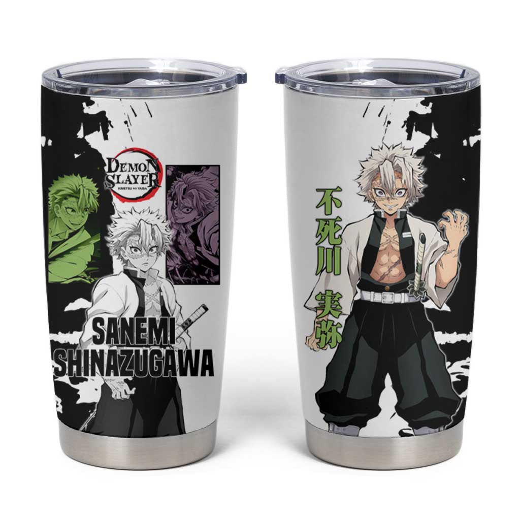 Sanemi Shinazugawa from Demon Slayer Tumbler Cup with Black and White Split Background and Intense Battle-Ready Manga Style Design - The Mazicc