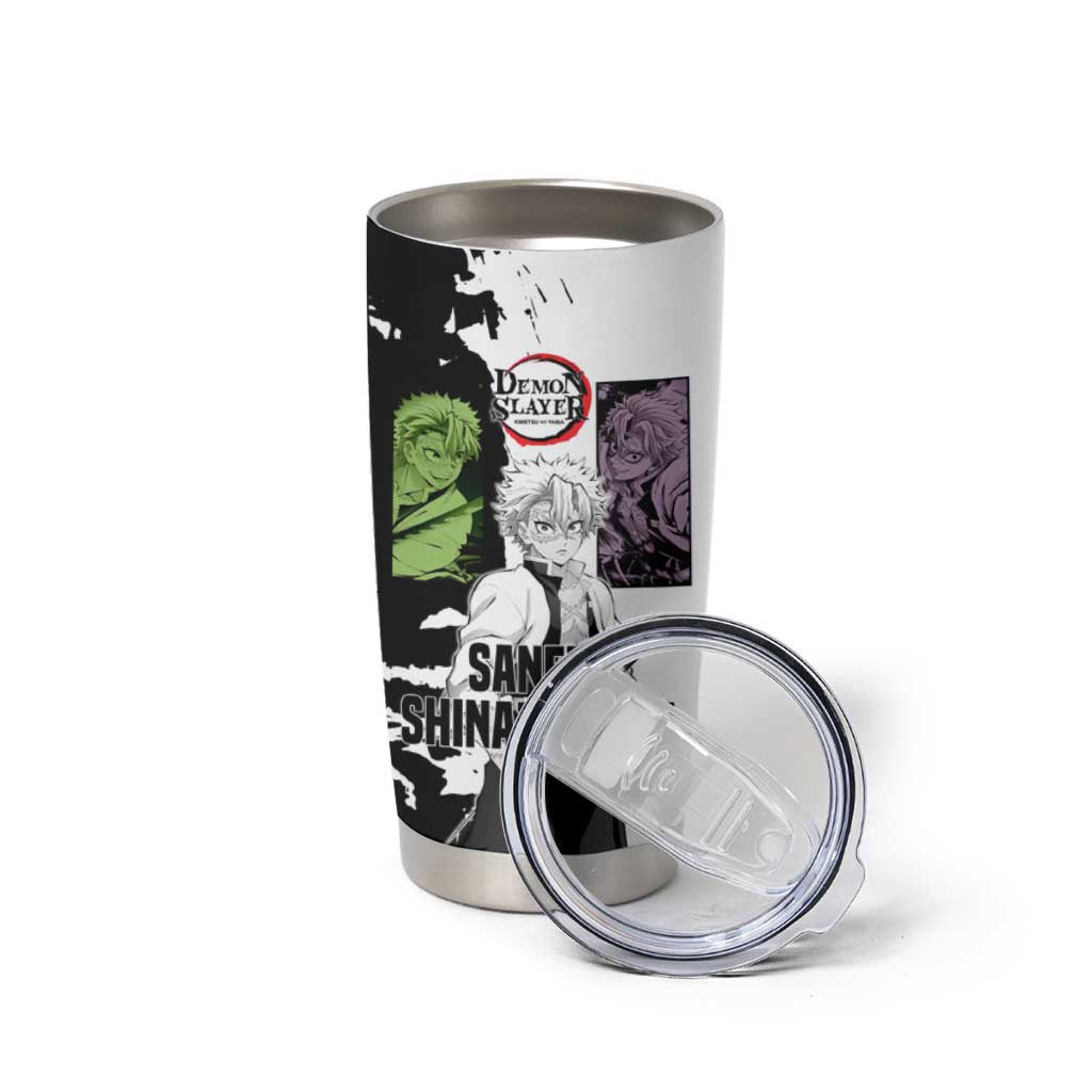 Sanemi Shinazugawa from Demon Slayer Tumbler Cup with Black and White Split Background and Intense Battle-Ready Manga Style Design - The Mazicc