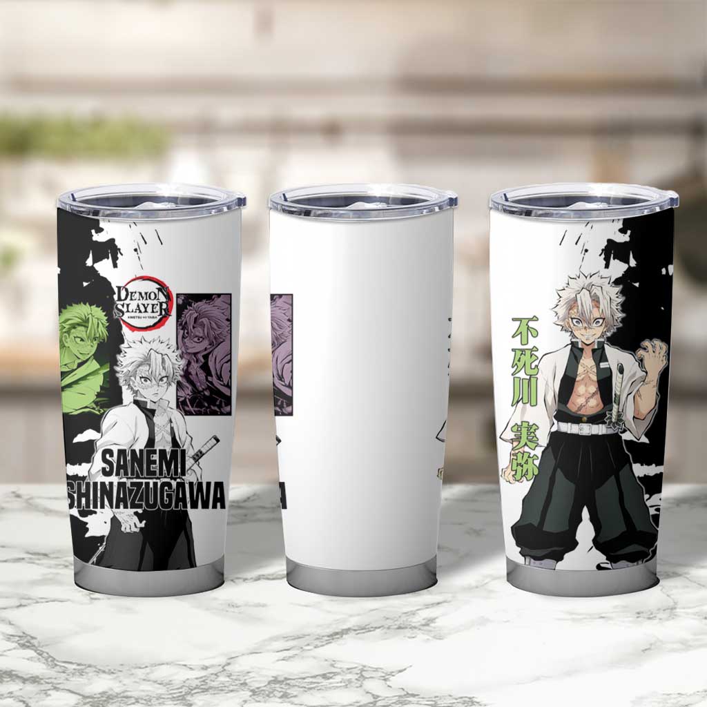 Sanemi Shinazugawa from Demon Slayer Tumbler Cup with Black and White Split Background and Intense Battle-Ready Manga Style Design - The Mazicc