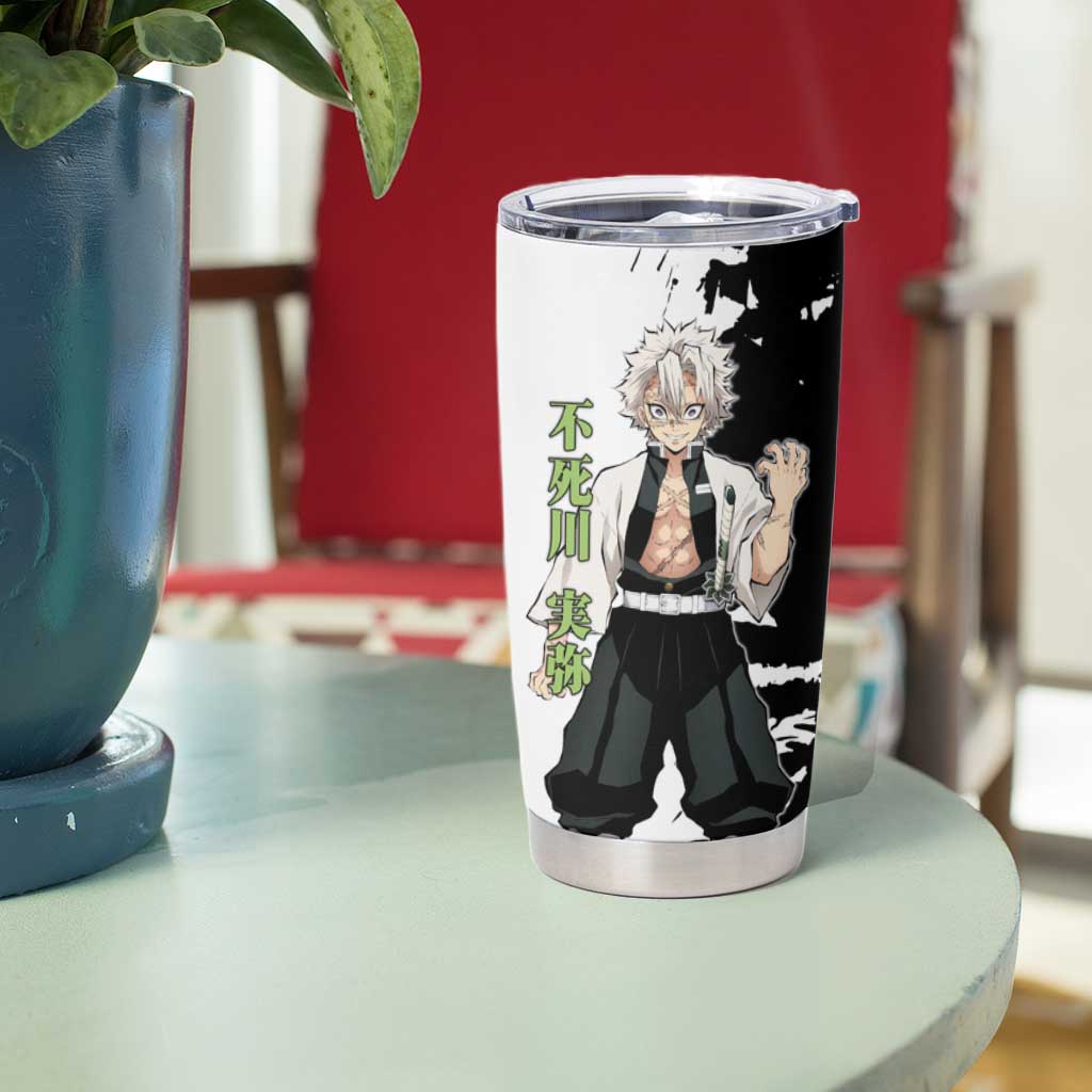Sanemi Shinazugawa from Demon Slayer Tumbler Cup with Black and White Split Background and Intense Battle-Ready Manga Style Design - The Mazicc