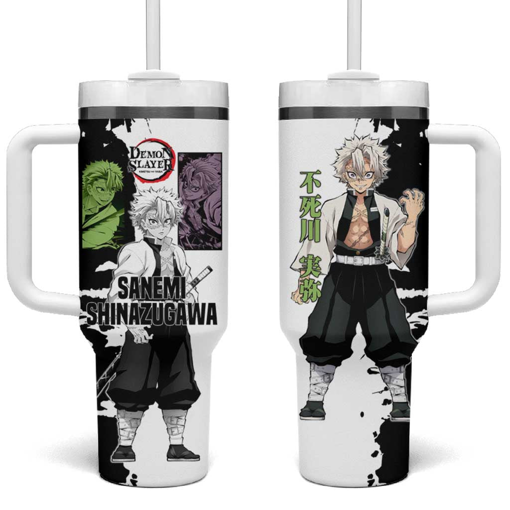 Sanemi Shinazugawa from Demon Slayer Tumbler With Handle with Black and White Split Background and Intense Battle-Ready Manga Style Design - The Mazicc